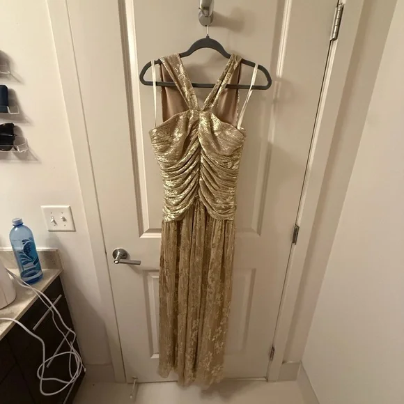 Shoshanna Women's Gold Foil Pleated Chiffon Lora Dress Size 6 - Picture 3 of 5